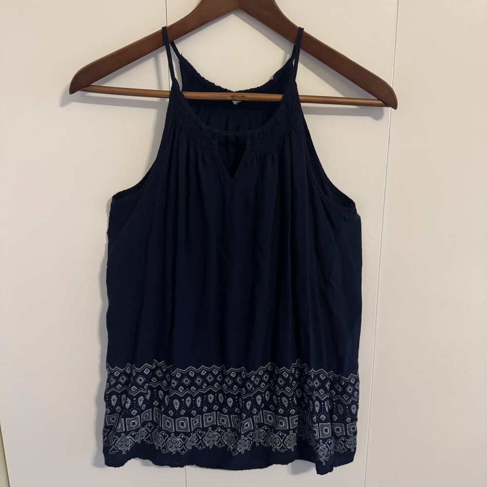 Navy Blue Boho Halter Tank Top with Smocked Neck and Geometric Border Print